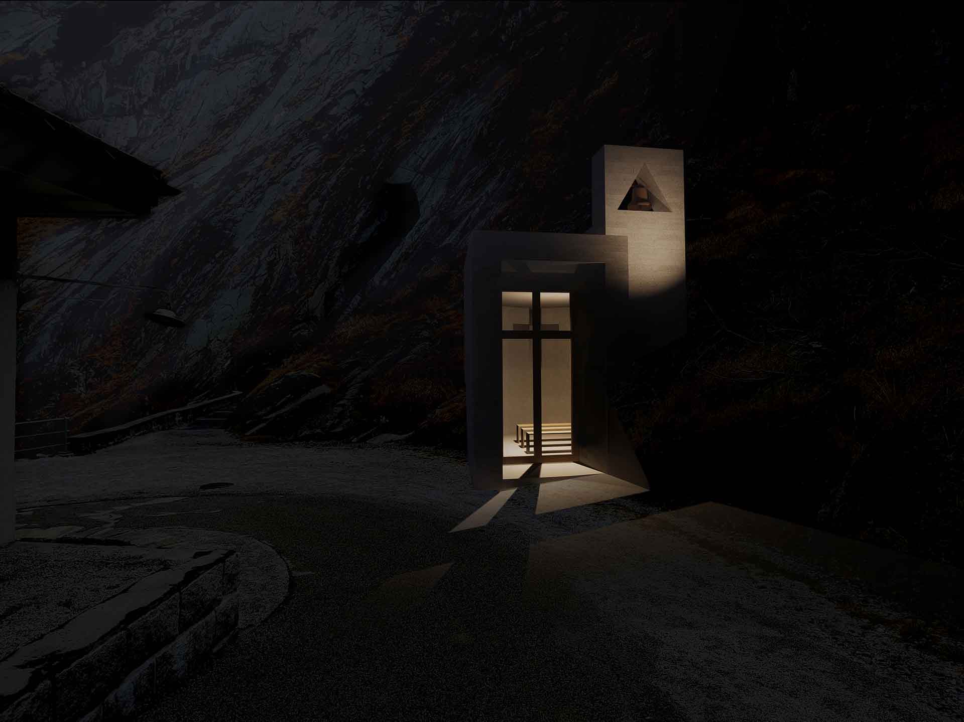 Wayside-Chapel at Devil`s Bridge in Alps alternate view