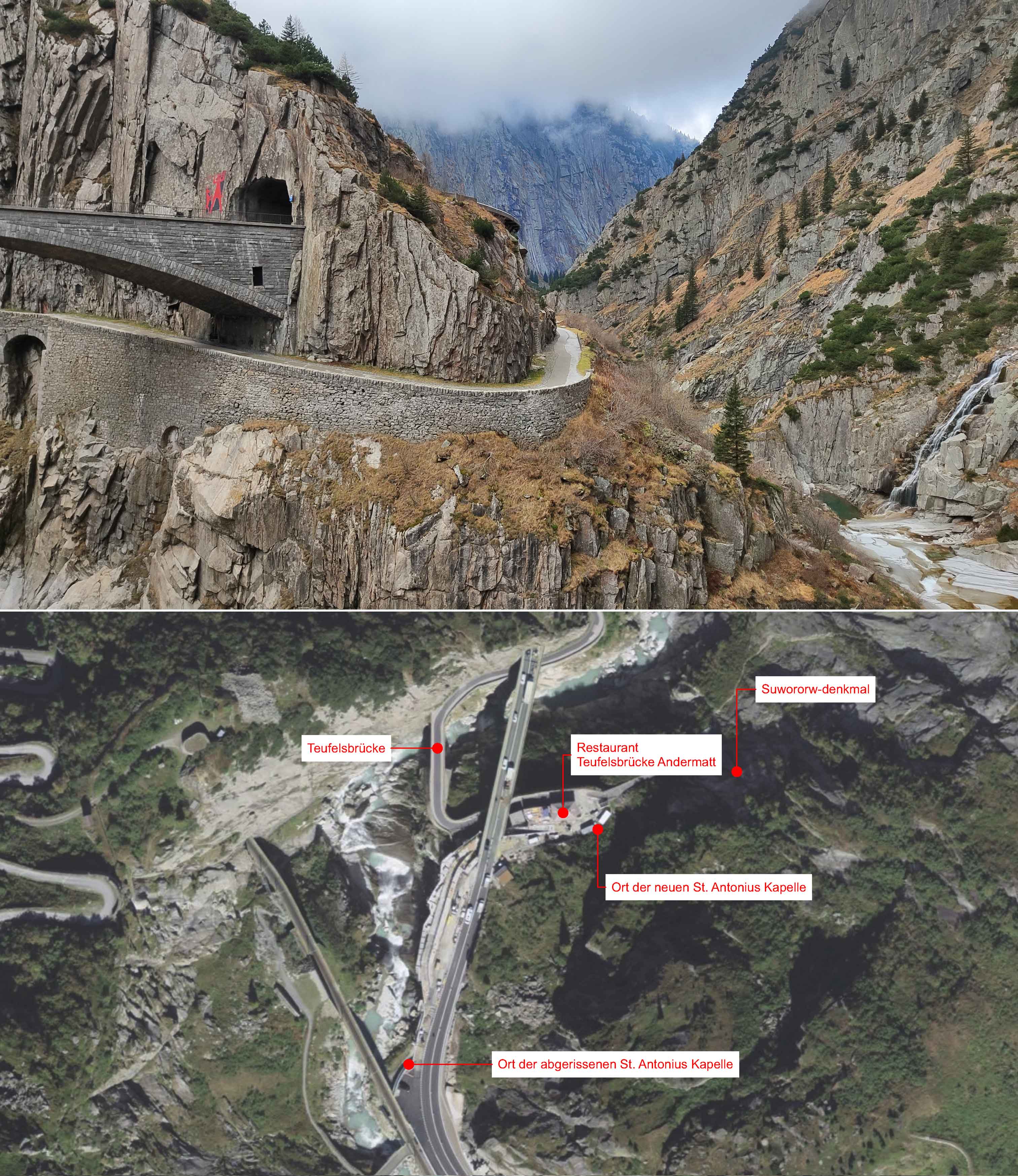 Wayside-Chapel at Devil`s Bridge in Alps alternate view