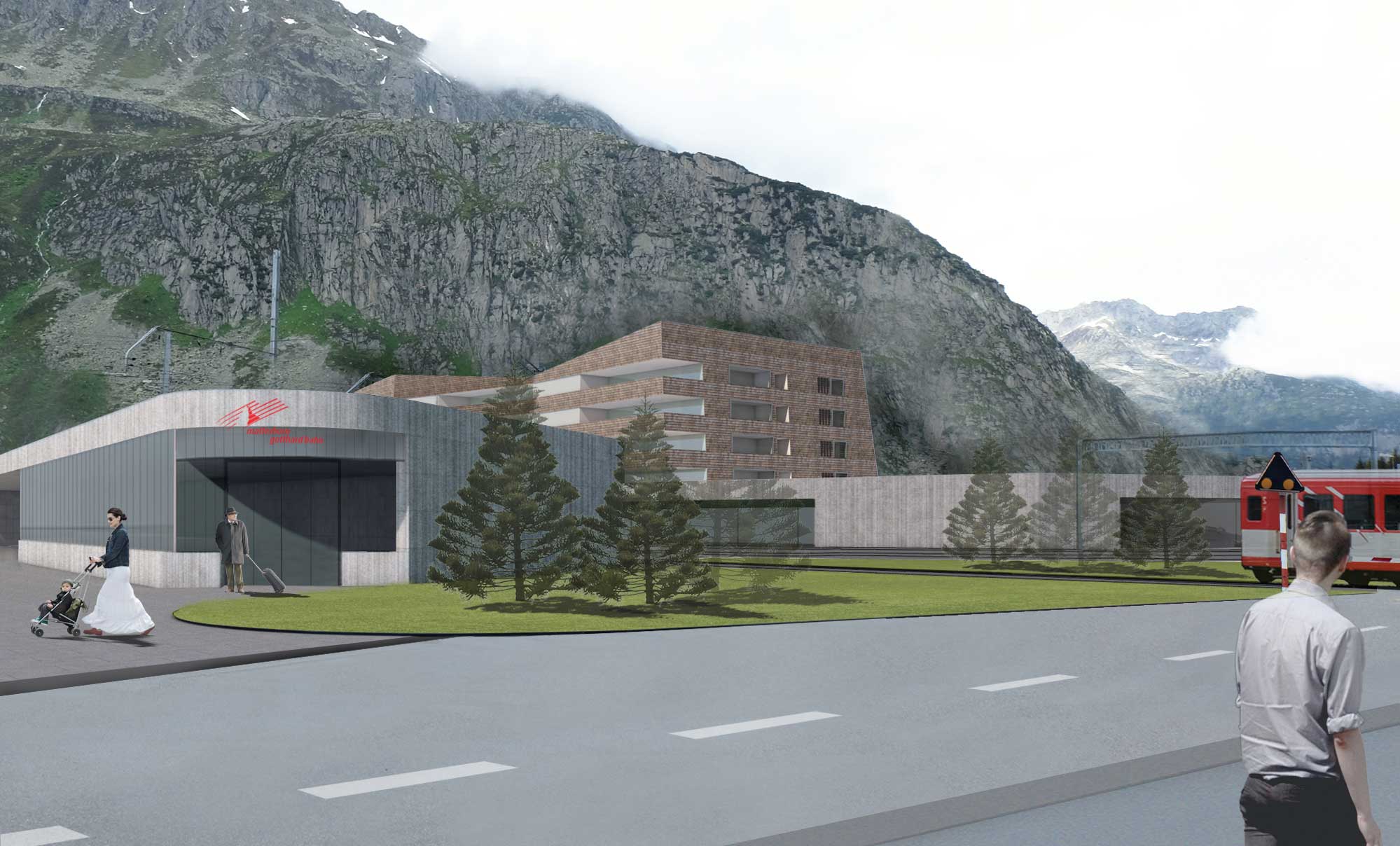 Residential building and railway station "Bahnhof Andermatt". alternate view
