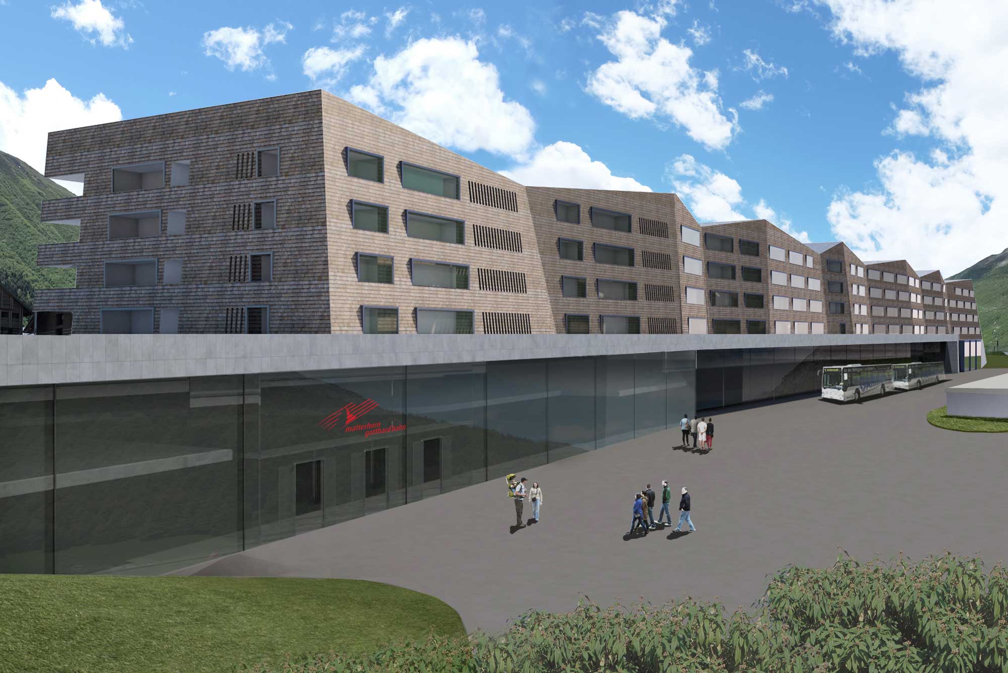 Residential building and railway station "Bahnhof Andermatt". alternate view