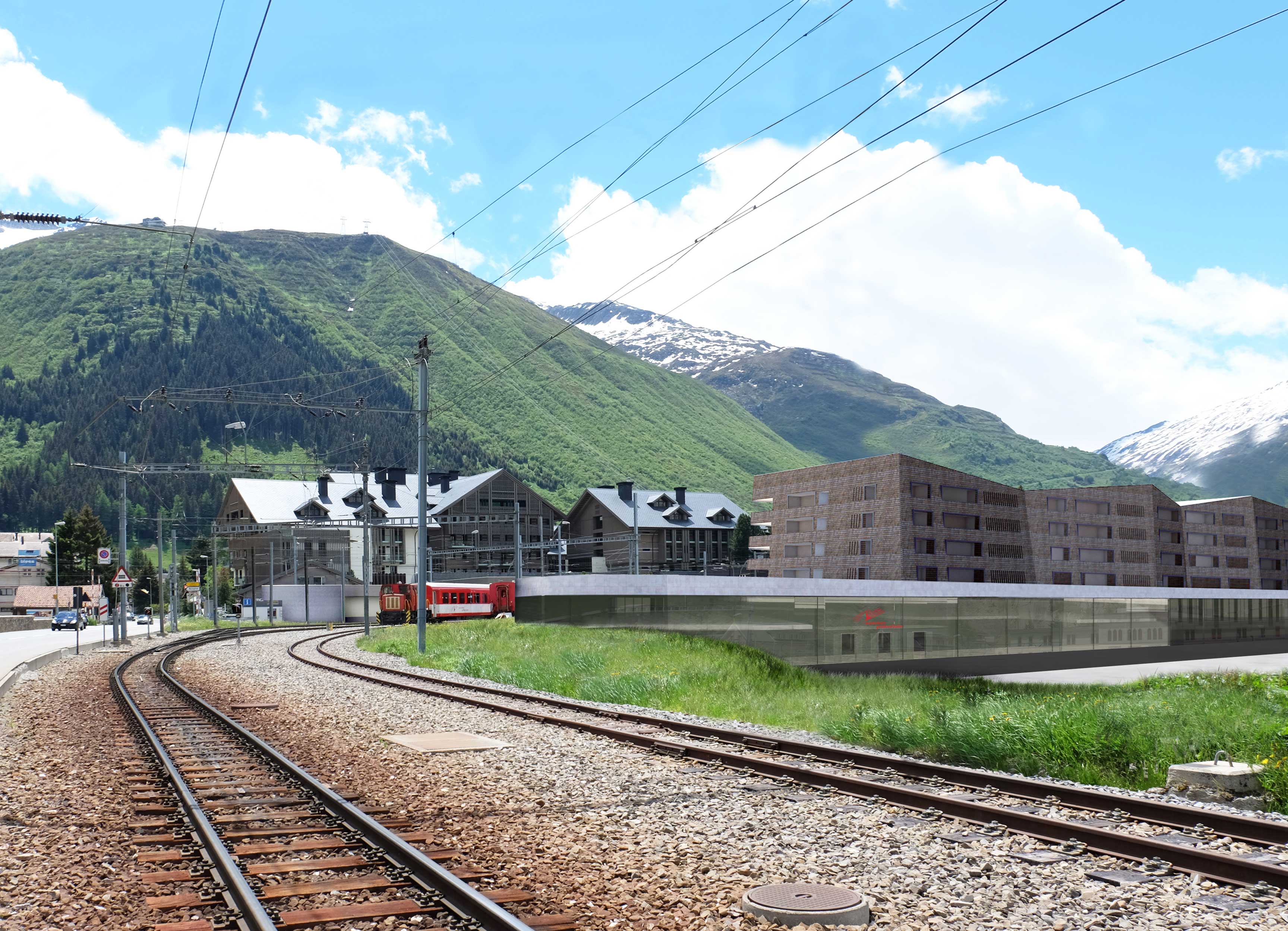 Residential building and railway station "Bahnhof Andermatt". alternate view