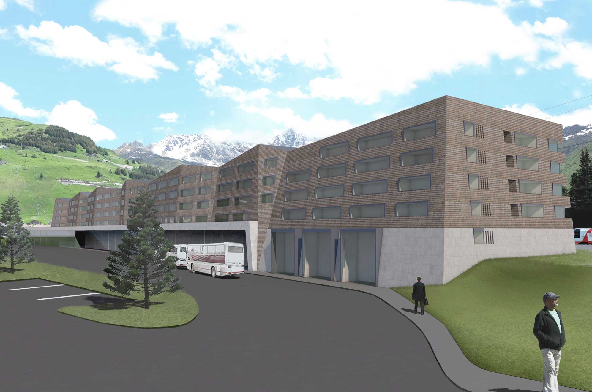 Residential building and railway station "Bahnhof Andermatt". alternate view